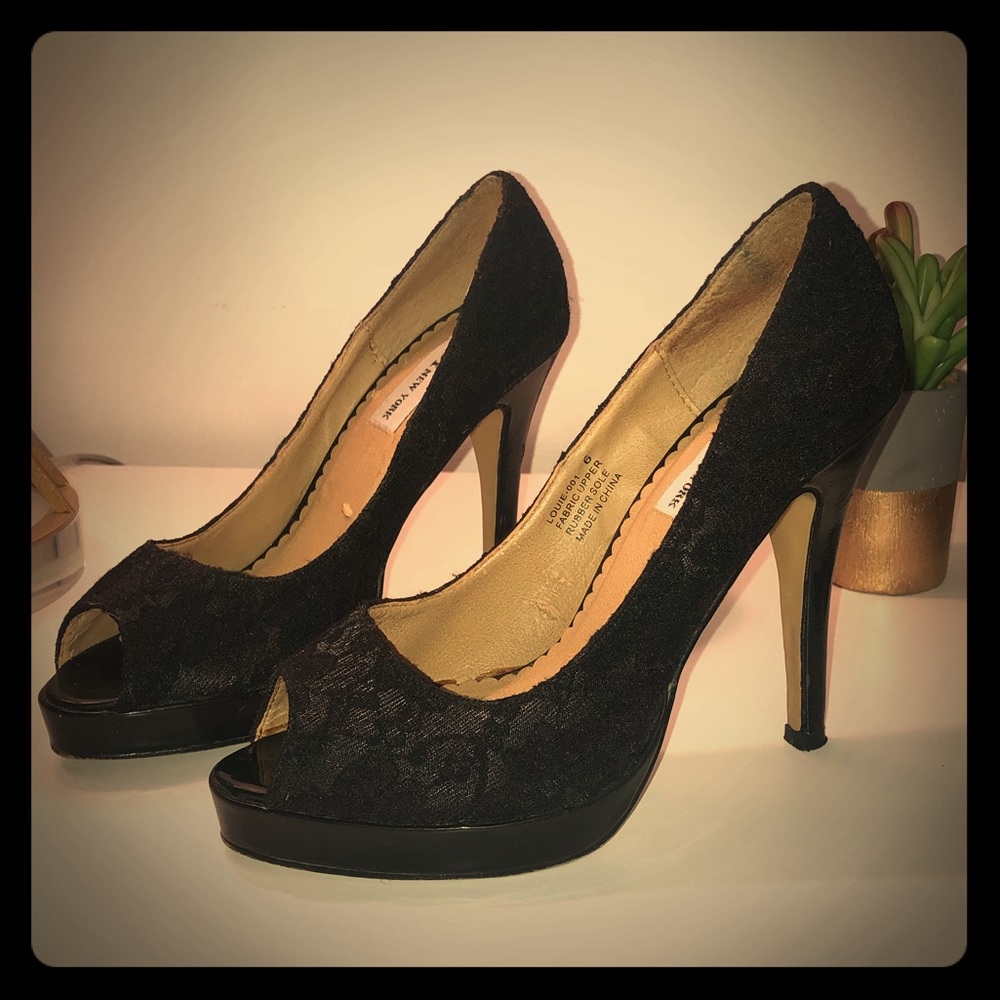Black - Open Toe High Heals - Lace Material